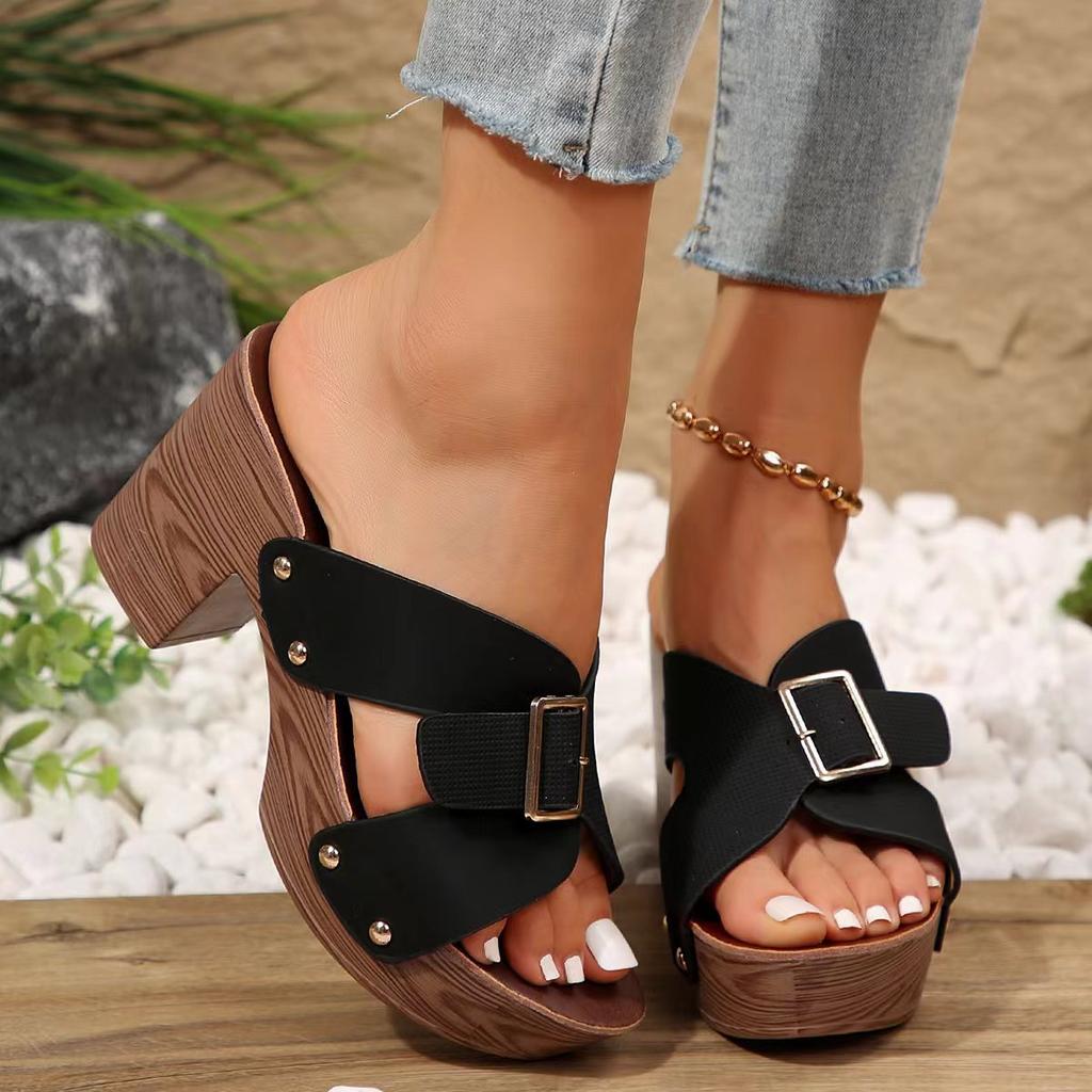 2025 New Foreign Trade Summer High Heeled Platform Women's Shoes Large Size Thick Heel Cross Band Fashion Casual Slippers