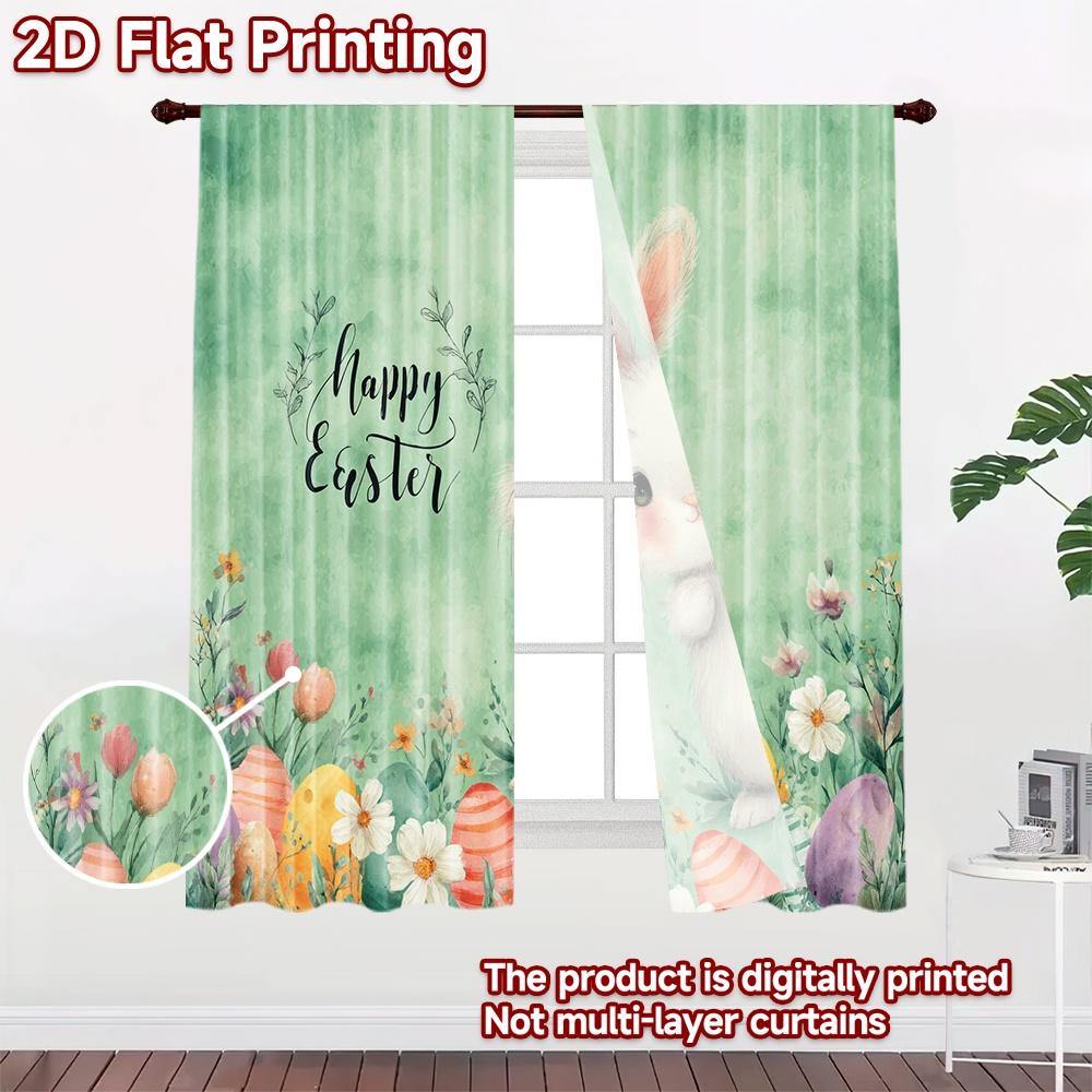 2D Flat Printing 2pcs Window Treatment Curtains Easter Bunny Flowers Eggs Digital Printed Polyester Drapes Birthday Party for