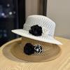 Seaside beach vacation elegant flower flat top straw hat wide brim sun hat light breathable pearl top hat tide
