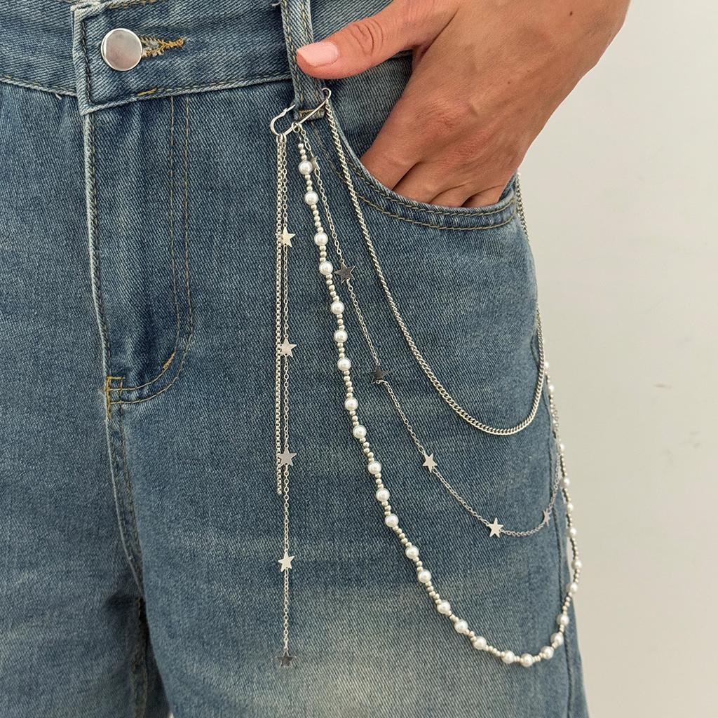 Hip-Hop Pentagram-Shaped Fringed Multi-Functional Trouser Chain, Personalized Imitation Pearl Multi-Layer Waist Chain Pendant