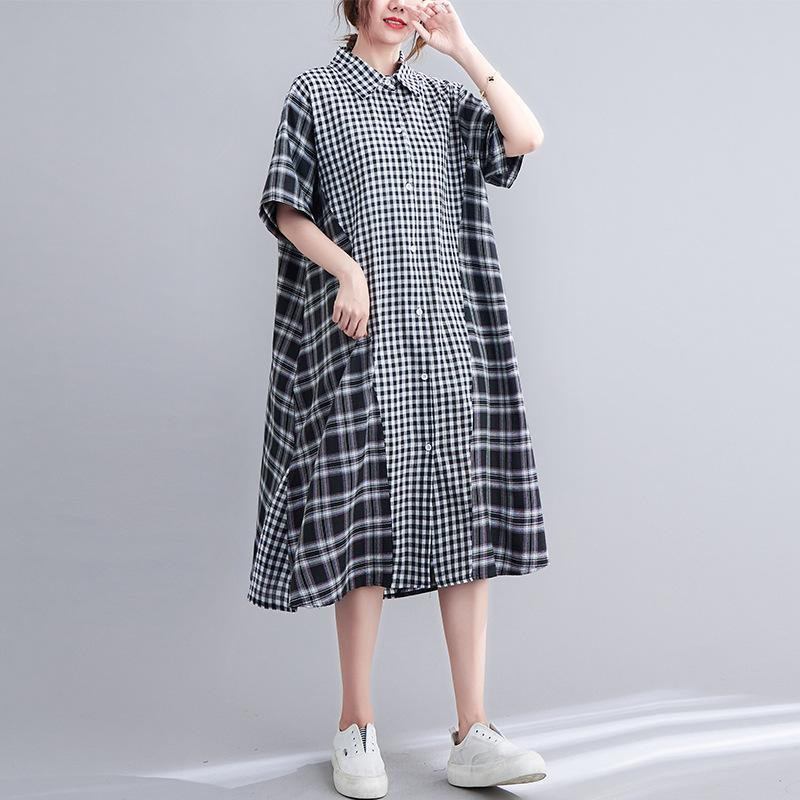 Summer Loose Plus Size Patchwork Medium Long Checkered Shirt Skirt for Women Dresses