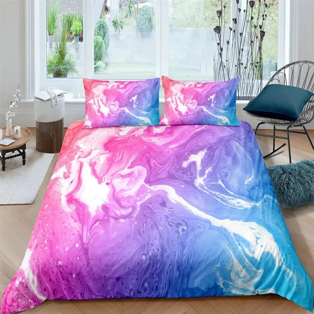 Colorful Marble Tie Dye Watercolor Pastel Abstract Girly Comfortable Duvet Quilt Cover Pillowcase Bedding Set Children Bedroom