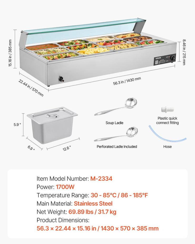 Commercial Food Warmer, 1700W Electric Stainless Steel Steam Food Warmer with Glass Cover, 12-Pan Countertop Buffet Bain Marie with Soup & Perforated