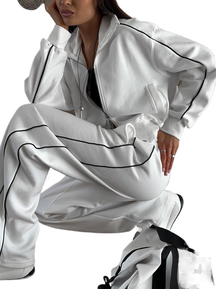 European & American Casual Zipper Cardigan Jacket & Sporty Drawstring Long Pants Women’s Two-piece Set
