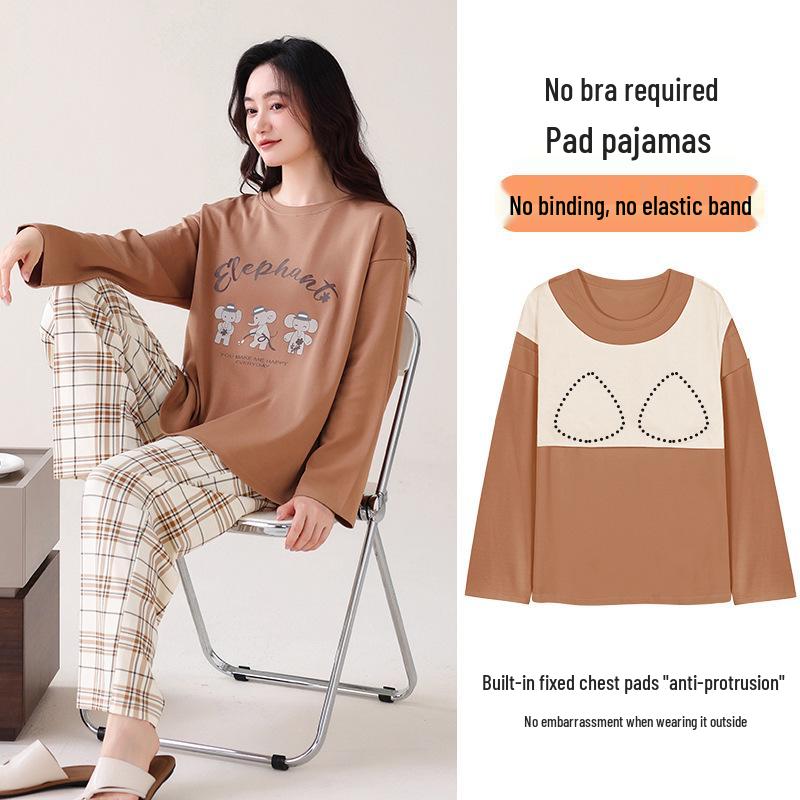 Women's Double-Sided Cotton Pajama Set with Chest Pads - Round Neck, Long Sleeve, Long Pants Pullover Style