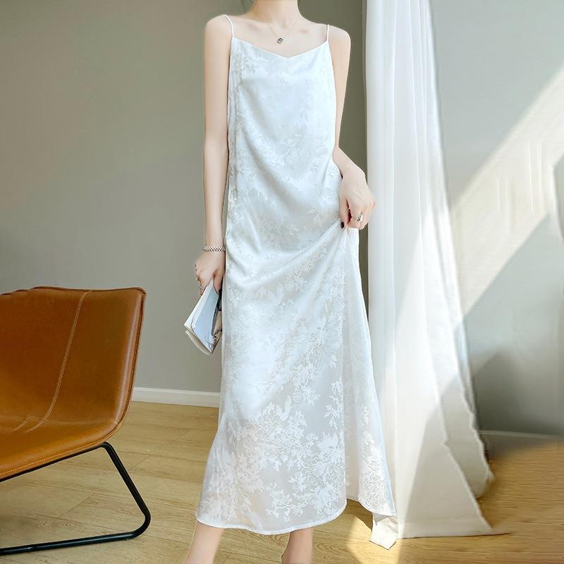 French Satin Silk Sling Dress Women's V-neck Acetate Jacquard Dress for Spring and Summer Slim Look Satin Vest Long Dress