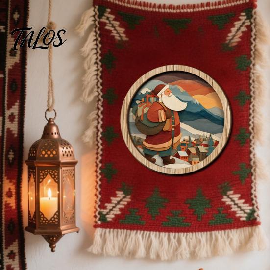 Seasonal Festive Wall Hanging Boho Wooden Decor, Christmas Winter Landscape Round Sign, Rustic Vintage Decor Aesthetic Art Ornament for Living