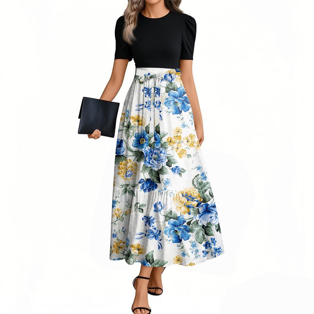 Women's Fashion Casual Belt Short Sleeve Round Neck Floral Stitching Elegant Temperament Dress