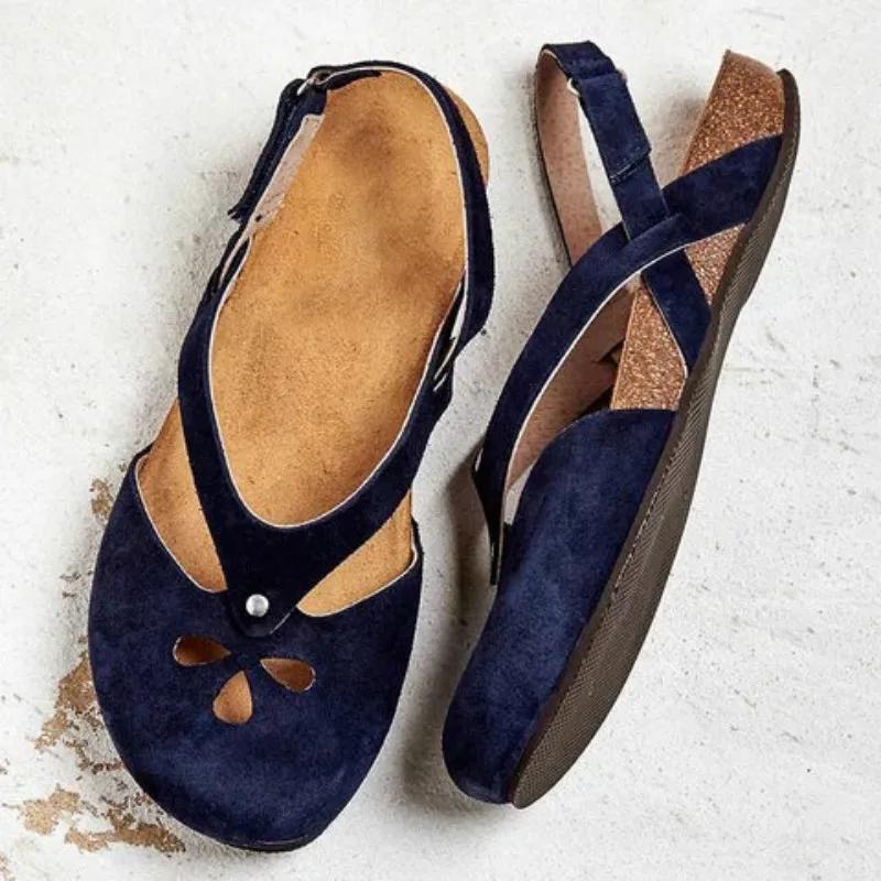Summer Women Sandals Leather Flat Sandals Round Toe Female Casual Ankle Strap Hollow Sandals Elegant Soft Beach Sole Woman Shoes