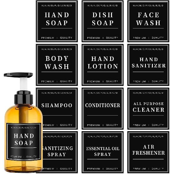 Waterproof Labels for Glass/Plastic Bottles, 12 PCS Bathroom Hand Soap Shampoo Dispenser Label Stickers, Removable Bottle Labels for Soap, Lotion,