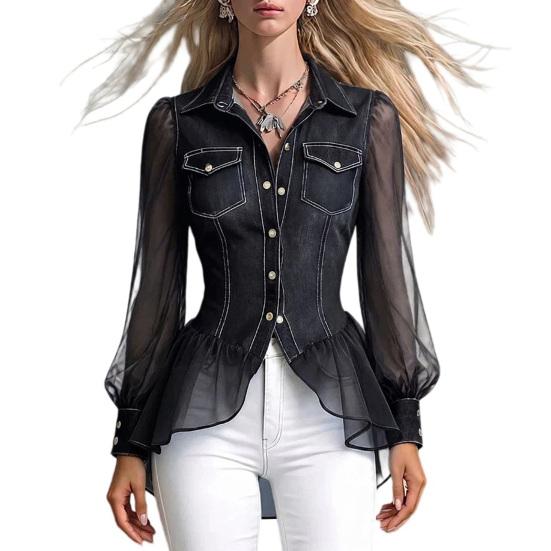 Breathable Long Sleeve Tee Imitation Denim Tops for Women Lapel Shirt XXXL