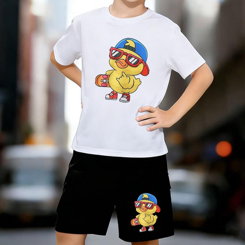 

Boys 2 Piece Cute Cartoon Duck Print Outfit, Short Sleeve T-Shirt and Shorts Set for Kids Age 5-14,Black and White Sporty Casual Summer Clothes 13-14 Years білий