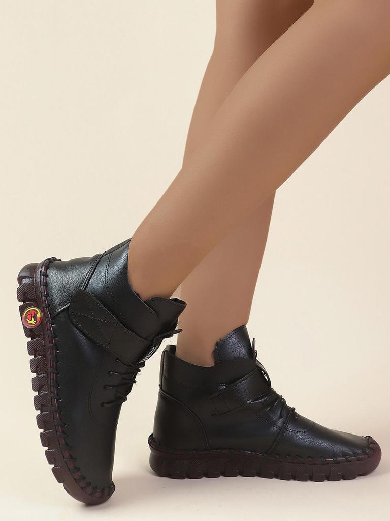 Botines de Invierno Forrados de Felpa para Mujer - Con Cordones, Punta Redonda, Cierre de Velcro, Tallas Grandes