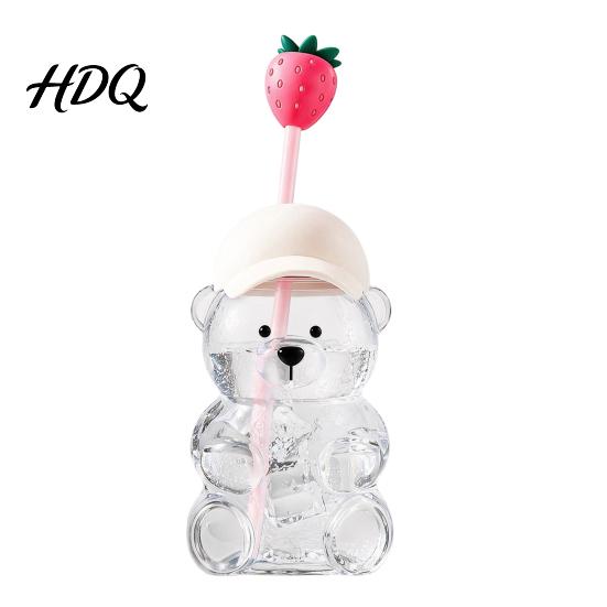 Transparent Drink Cup Cute Bear Glass with Straw & Lid 500/591ml Plastic/Glass Water Bottle for Juice With Cold/Hot Drinks Pattern Coffee