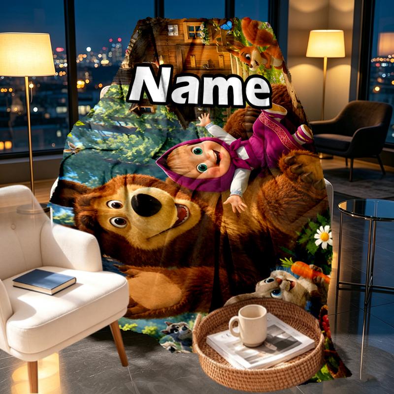 Custom Name Personalized Masha and The Bear Print Blankets, Home Decor, Bedroom, Sofa, Camping, Couch, Gifts for Birthday Christmas