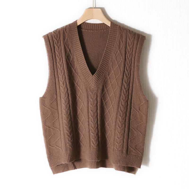 Women's Loose Fit Cable Knit V-Neck Sweater Vest - Autumn/Winter 2021, Thick OL Style, Korean Version.