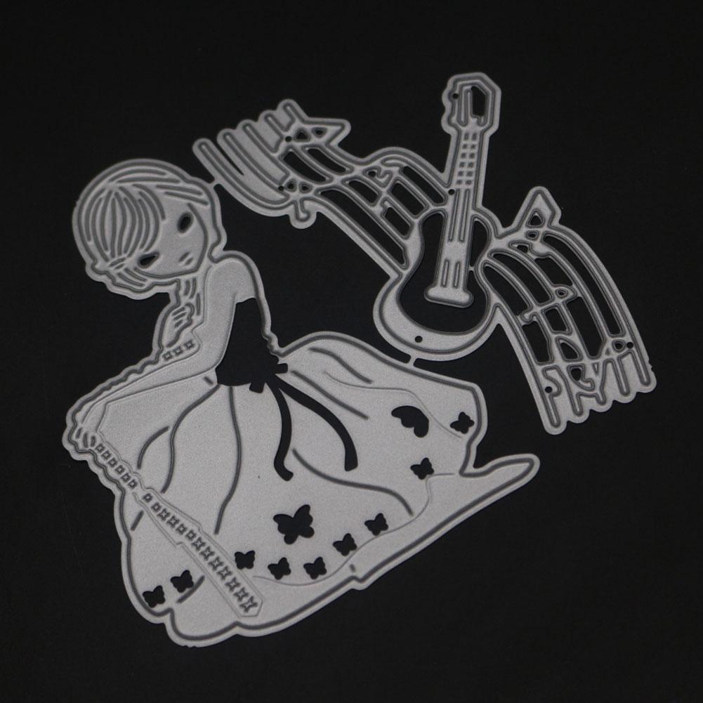 Girl Playing Piano Frame Metal Silvery Stencil Embossing Cutting Dies For Diy Scrapbooking Paper Album Cards Making