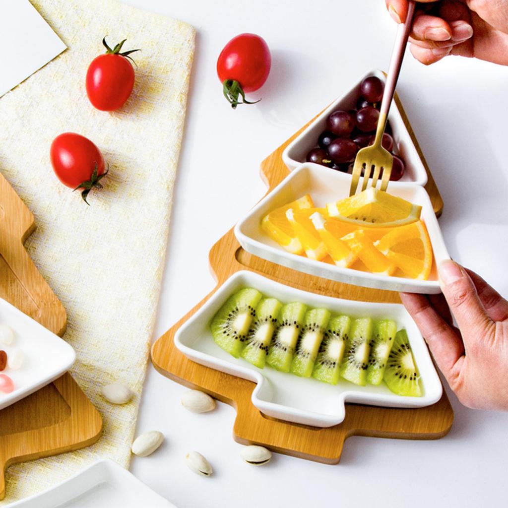 Christmas Tree Tray, Snack Serving Tray, Holiday Serving Dish, Ceramic Snack Bowls, Bamboo Serving Tray