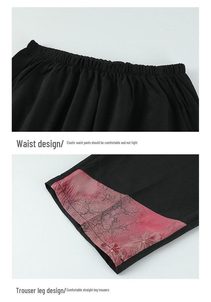 Elegant Spring/Summer Printed Two-Piece Set: Seven-Sleeve Shirt & Pants for Elderly Women