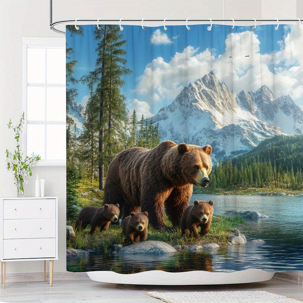 Bear Family Shower Curtain – Realistic Mountain Lake Scene, Waterproof Polyester, Nature-Inspired Bathroom Decor With 12 Hooks