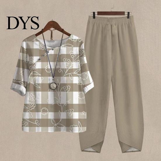 Spring And Summer Printed Outfit 2 Pcs/Set Women T-shirt Pants Set Homewear Floral Print Round Loose Style Sleepwear Neck Half Sleeve Top Wide