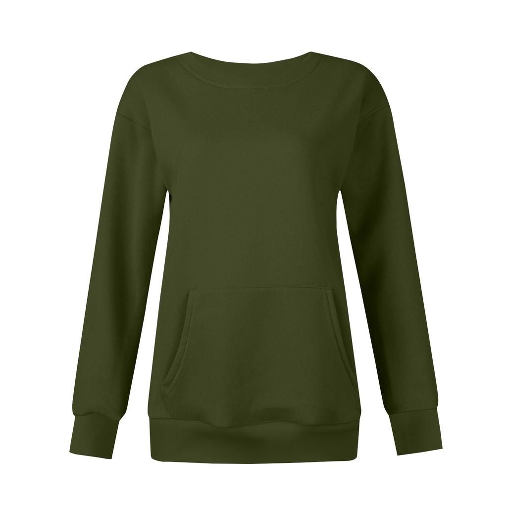 Pulover de buzunar pentru femei, ocazional, cu mânecă lungă, de culoare solidă, cu gât rotund