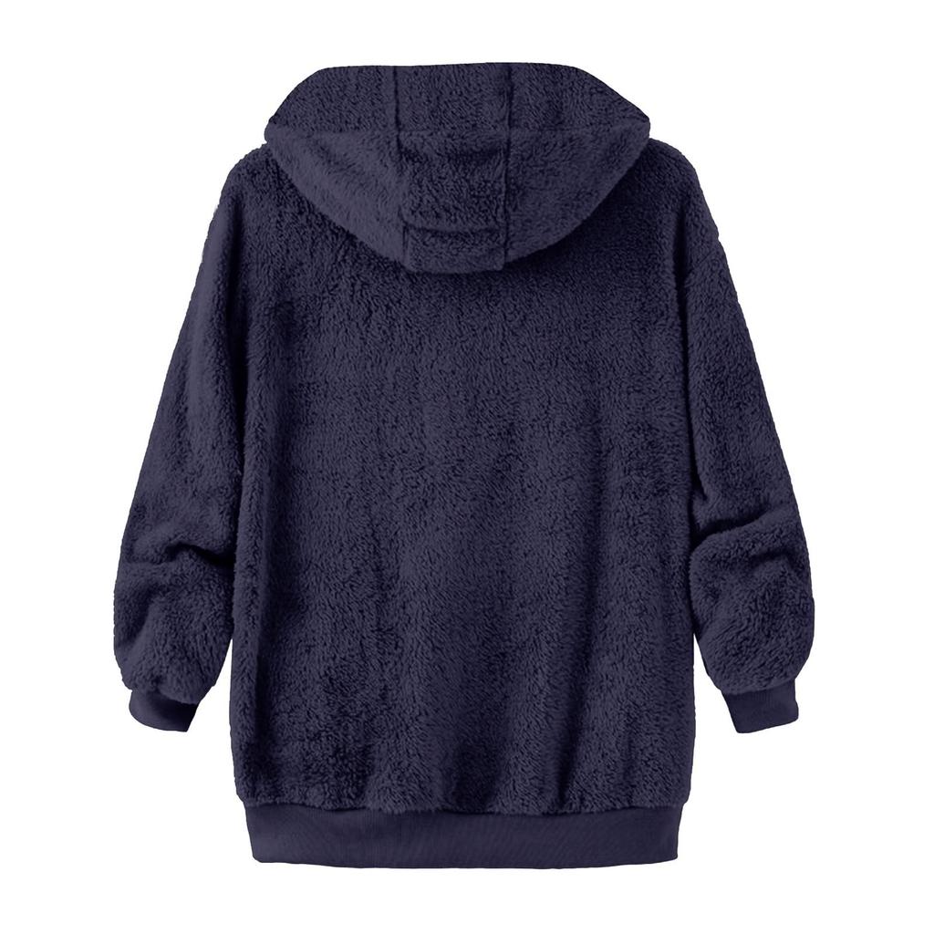 Women's Fashion Stitching Loose Hoodies Long Sleeve Plush Zipper Coat