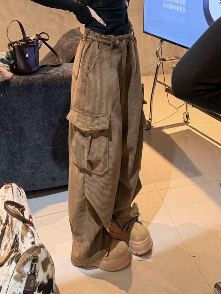 Women's Retro Brown Corduroy Wide-Leg Winter Pants with Velvet Lining