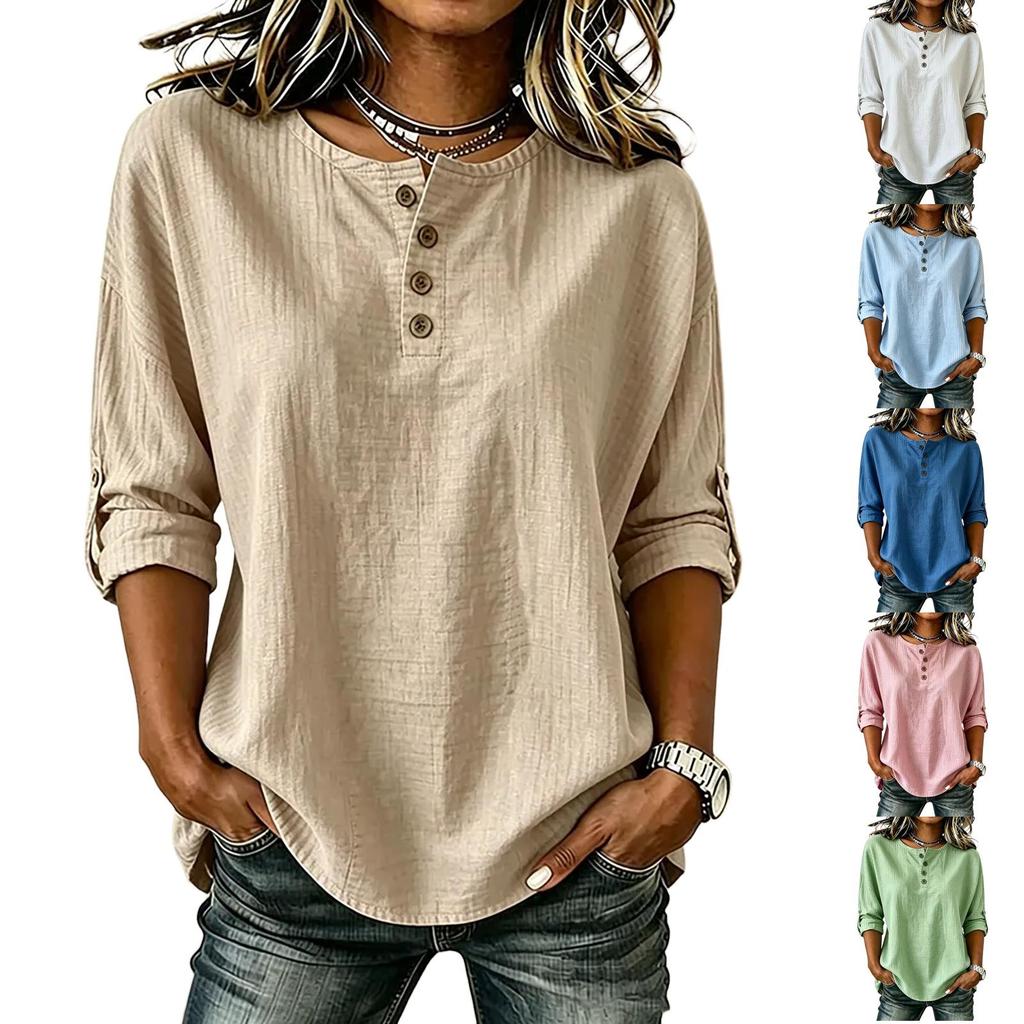Women's Casual Color Neck Top with Button Front