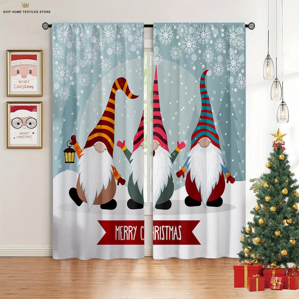 2pcs Cartoon Santa Claus Merry Christmas Printed Curtains Kids Gift Bedroom Restaurant Holiday Party Decorative Curtains