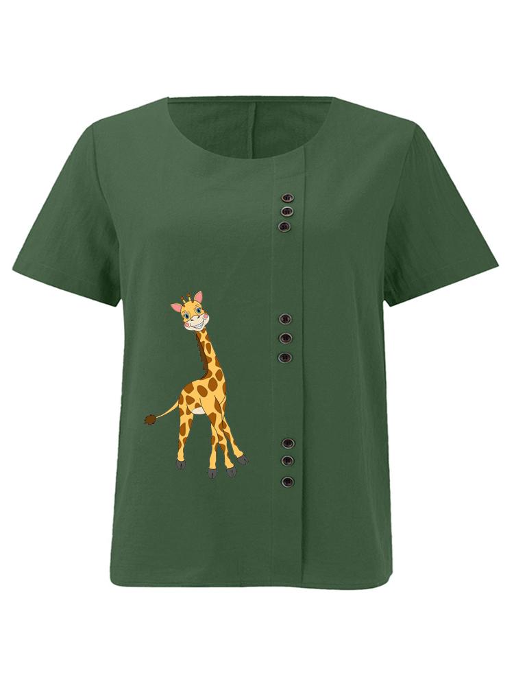 Women's Fashion Giraffe Print Shot Sleeve T-shirt Loose Cotton Shirt Casual Loose Summer Blouse Tops Plus Size
