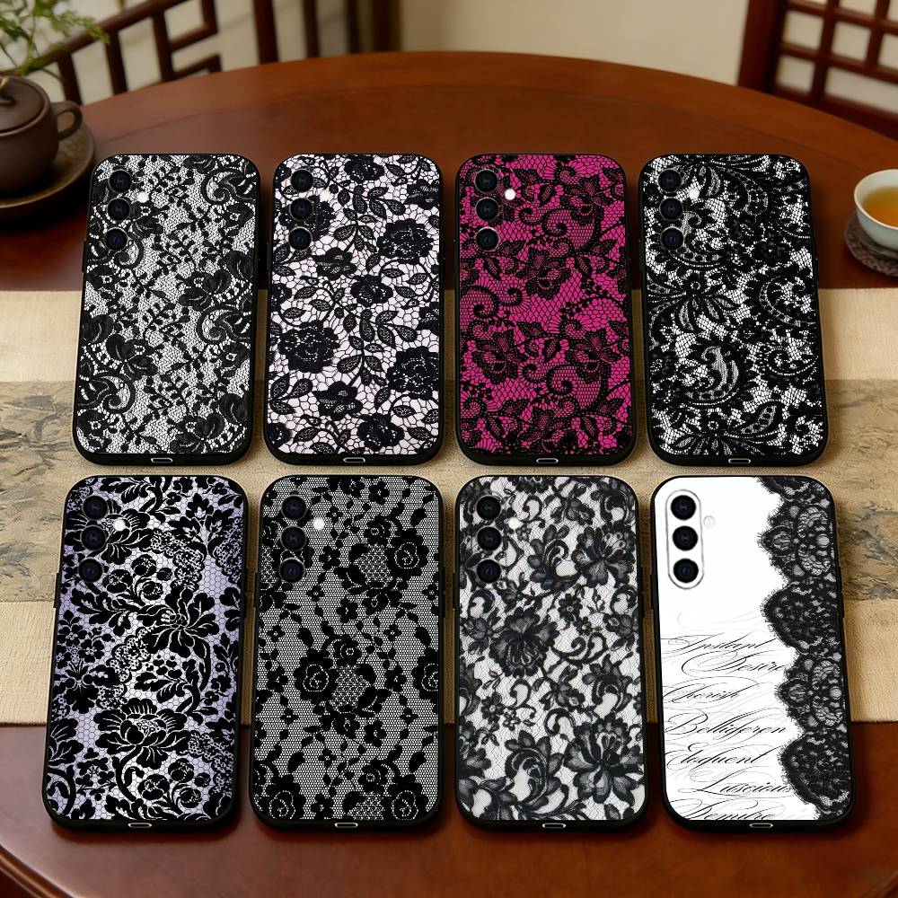 B-Black Lace Print Phone Case For Samsung Galaxy A73,A72,A71,A70,A53,A52,A51,Others Soft Black Cover