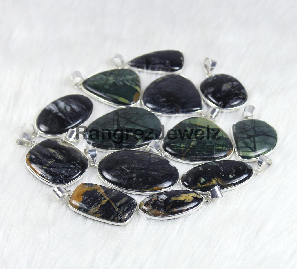 Black Picasso Jasper Gemstone Pendant Necklace Making For Silver Jewelry Supply Healing Crystal Bezel Pendant Necklace Gift For Her