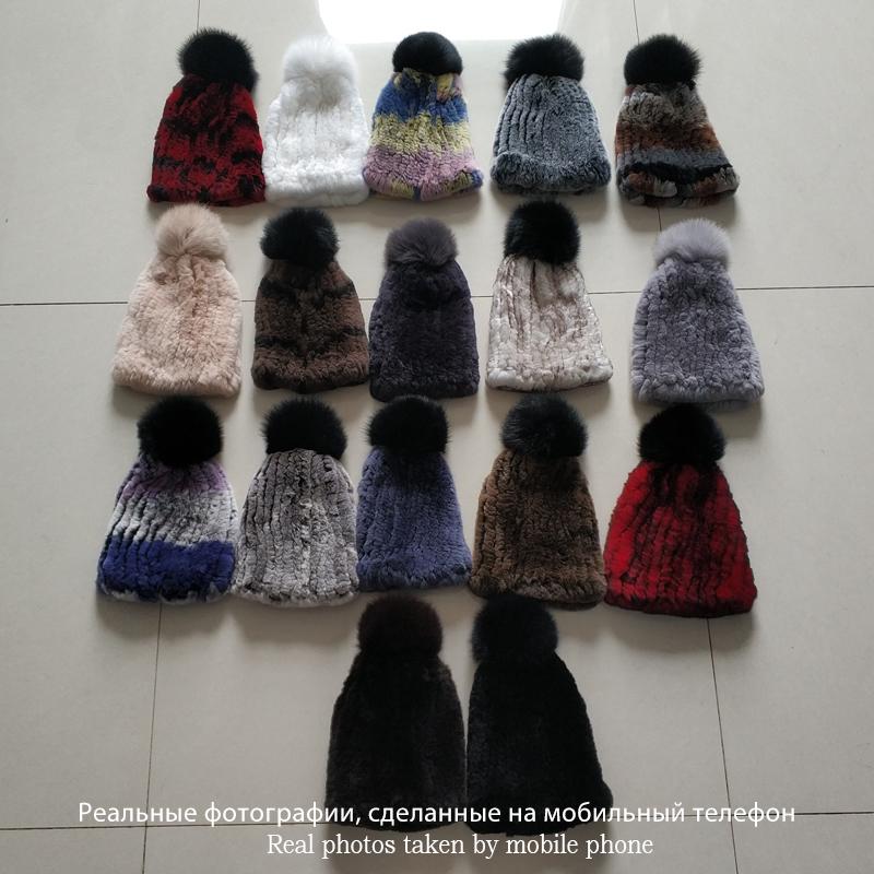 Winter Fur Hats for Ladys Women's Rex Rabbit Fur Caps Beanies Solid Elastic Winter Fashion Accessories Fox Fur Pompom Hat