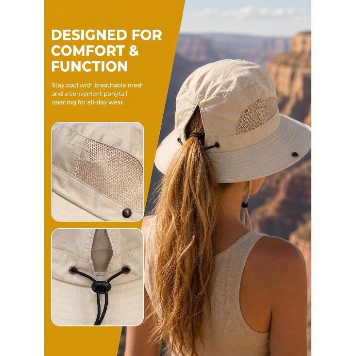 Women's Sun Hat Wide Brim Bucket Hat for Outdoor Breathable Mesh Ponytail Hole Adjustable Foldable UPF 50+ Windproof