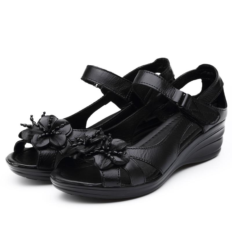 Fashion GKTINOO 2025 Gladiator Sandals Women Elegant Genuine Cow Leather Wedge Mid Heel 4cm Beaded Flower Ladies Shoes And Sandals Shoes