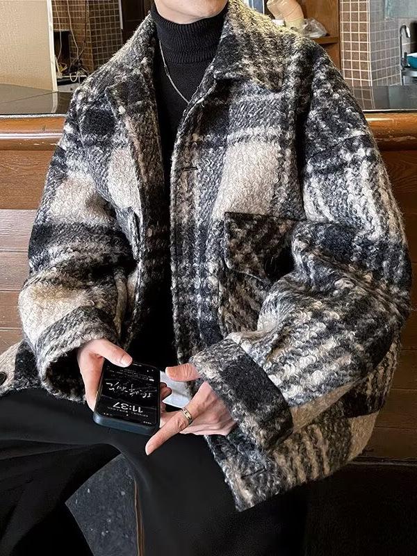 Men's Retro Plaid Wool Coat - Autumn/Winter Casual Thickened Lapel Jacket 
