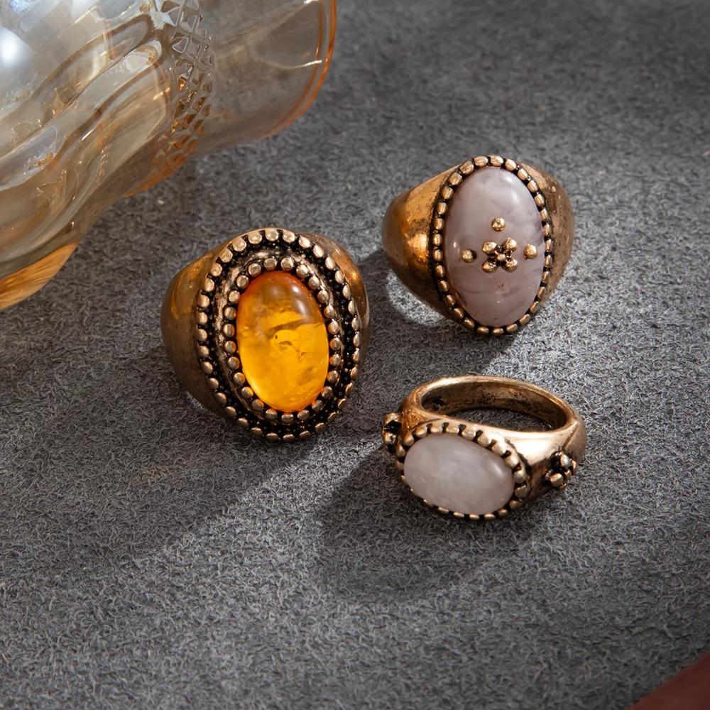 3 Pcs/set Vintage Oval Resin Finger Rings for Women Punk Geometric Gold Color Metal Ring Aesthetic Couples Jewelry Gifts