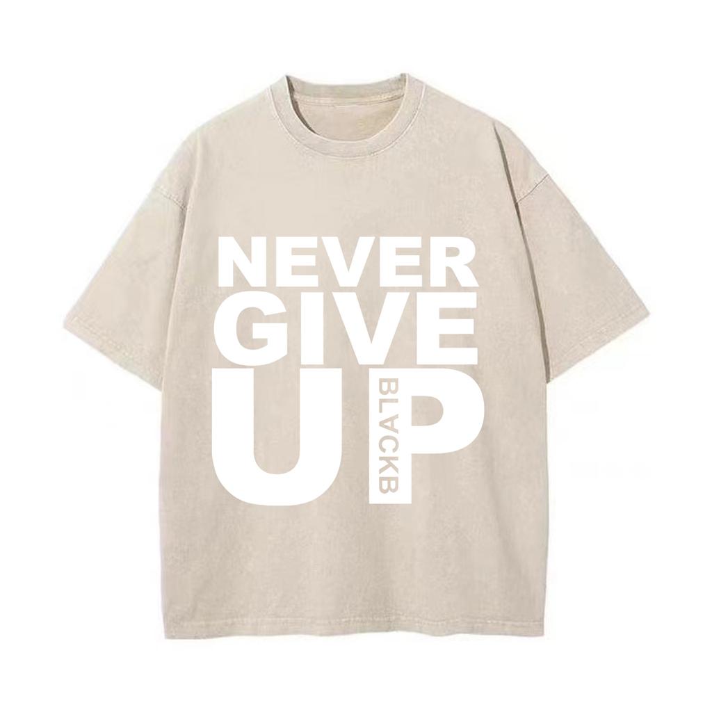 Retro Washed Vintage Women T-shirt Never Give Up Fleece Harajuku Oversized Pullover Cute Couple Valentine's Day Gift T-shirt
