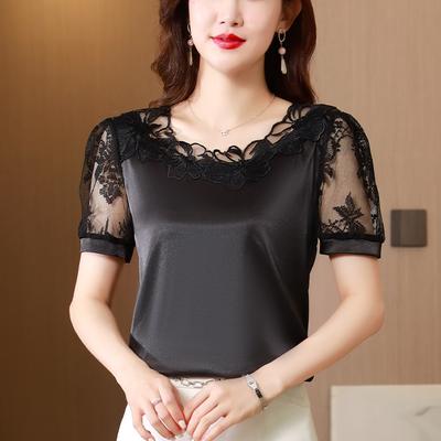T-shirt d'été pour femmes, tempérament droit, dentelle, satin, manches courtes, hauts de ville