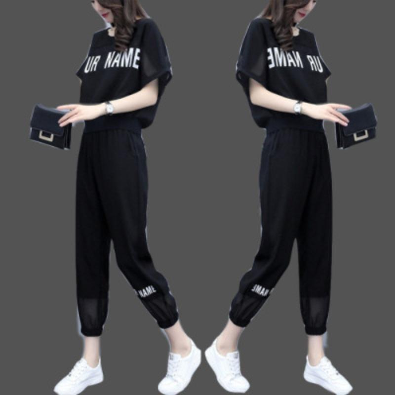 

Summer Casual Sports Suit for Women, Loose Korean Style Short-sleeved Fashionable Two-piece Trousers XXXXL чорний