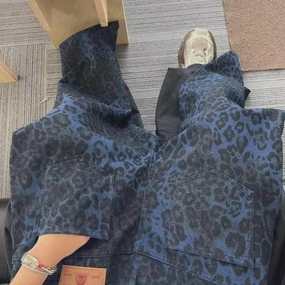 2024 Women's Blue Leopard Print Wide-Leg Jeans - American Style, Trendy Straight Floor-Length Design