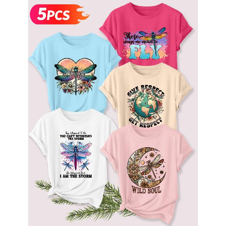 Five-piece set Elegant short-sleeved shirt for women Heart, Moon, Earth, Watercolor Dragonfly, English Slogan Combination Print, Round Neck, Women's