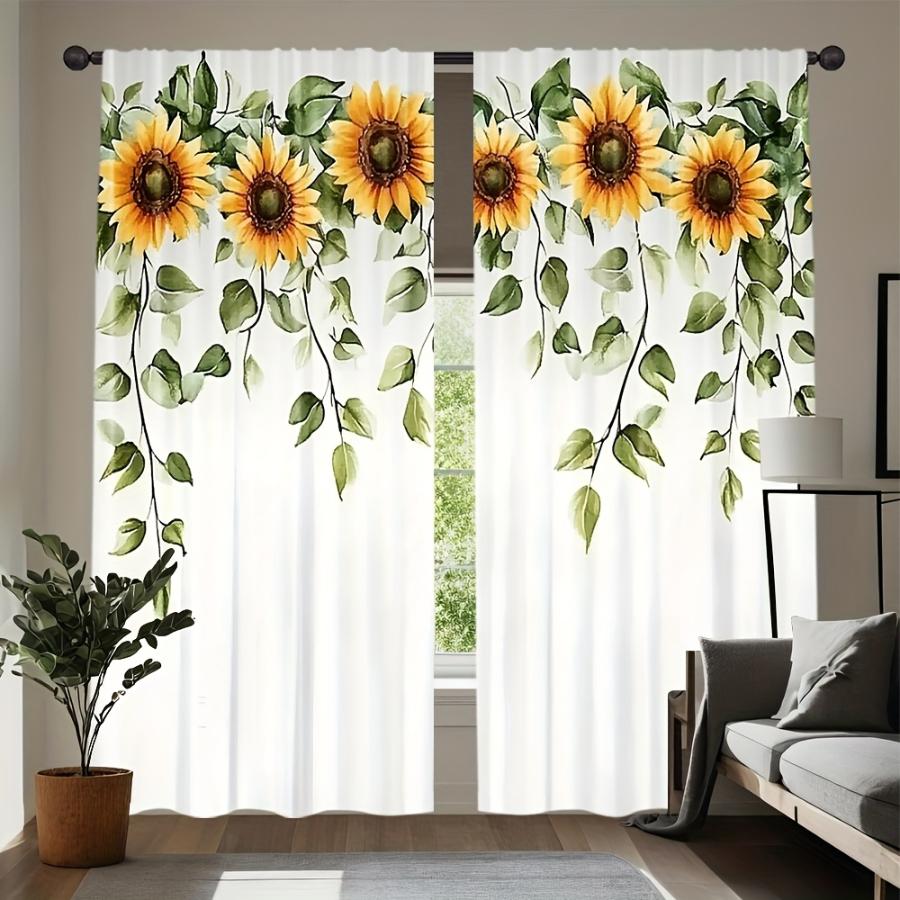 2PCS Digital Printed Curtains, Sunflower Leaf Vibrant Floral Botanical, Rod Pocket Window Drapes for Living Room Bedroom Decor