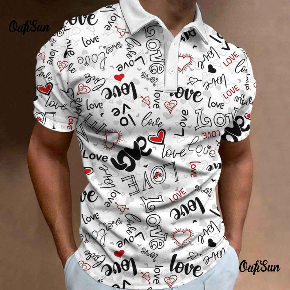 Trendy short-sleeve polo with love & heart prints, casual everyday wear.