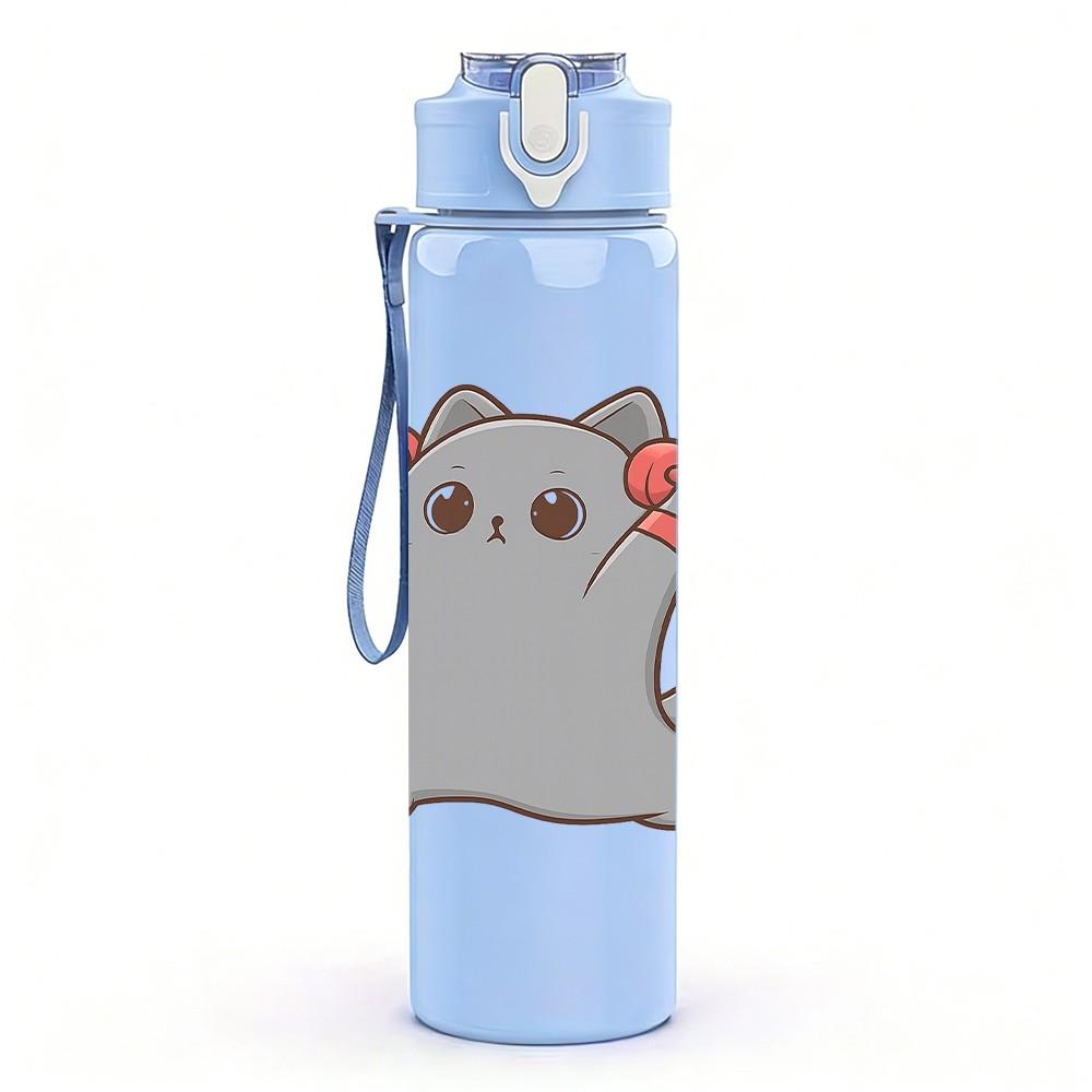 1PC Gray Fluffy Creature Cartoon 750ml Color Plastic Sports Water Bottle Leakproof Flip Straw Lid Suitable for Sports Office Home Use