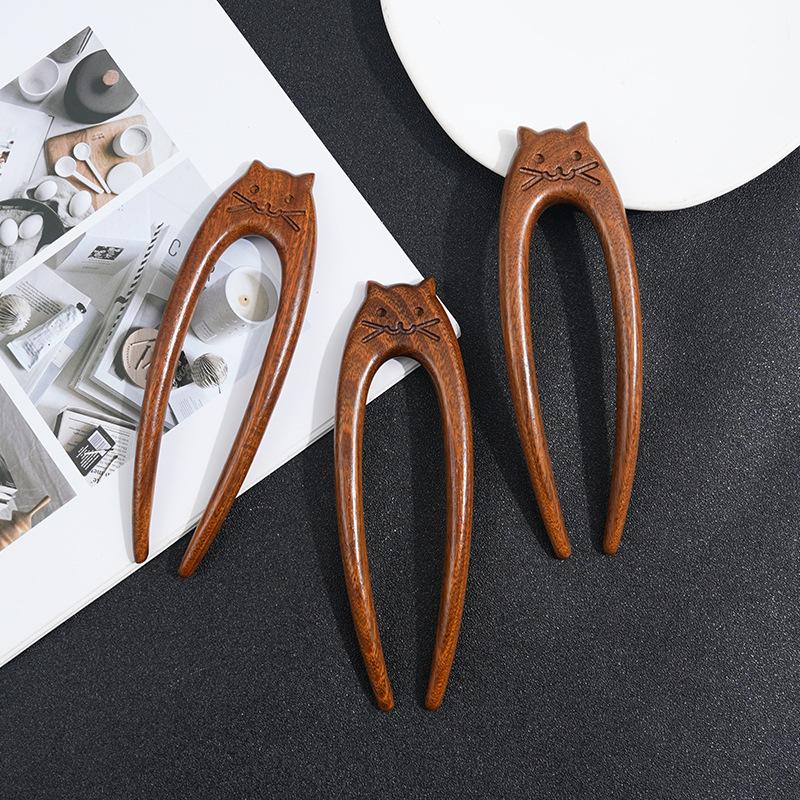 Wood Wooden Hair Stick U-Shaped Hair Fork Cat Butterfly Chinese Style Fashion Hairpin Buns Rabbit Headwear Girl Hair Accessories