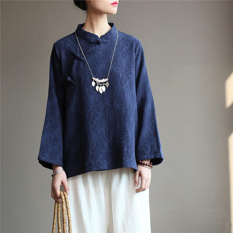 

Johnature Chinese Style Women Shirts Vintage Blouses Autumn Stand Nine Sleeve Jacquard Women Shirts Tops One Size темно-синього кольору