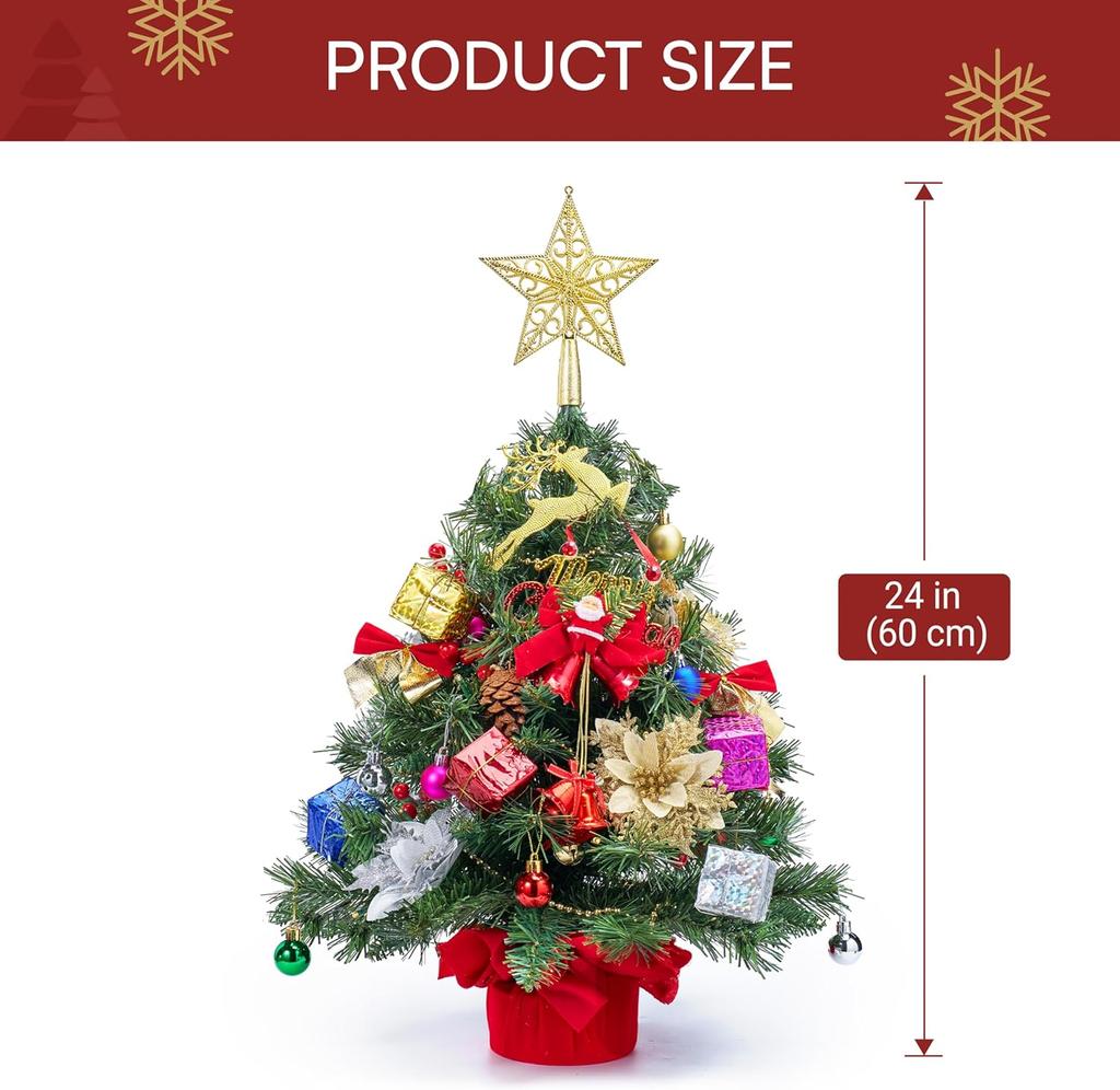 JOIEDOMI 24"/2FT Pre-lit Tree with Artificial Christmas Tabletop Tree Includes Star Topper Ornaments for Indoor Xmas Decor