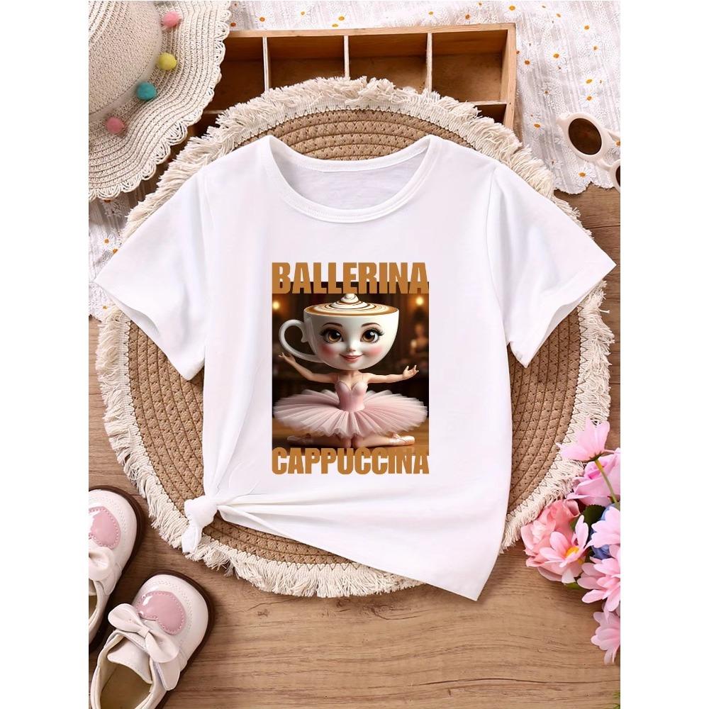 BALLERINA CAPPUCCINA Children's Casual Short-sleeved T-shirt with Gold Letters Cartoon Ballerina Cappuccino Print Top